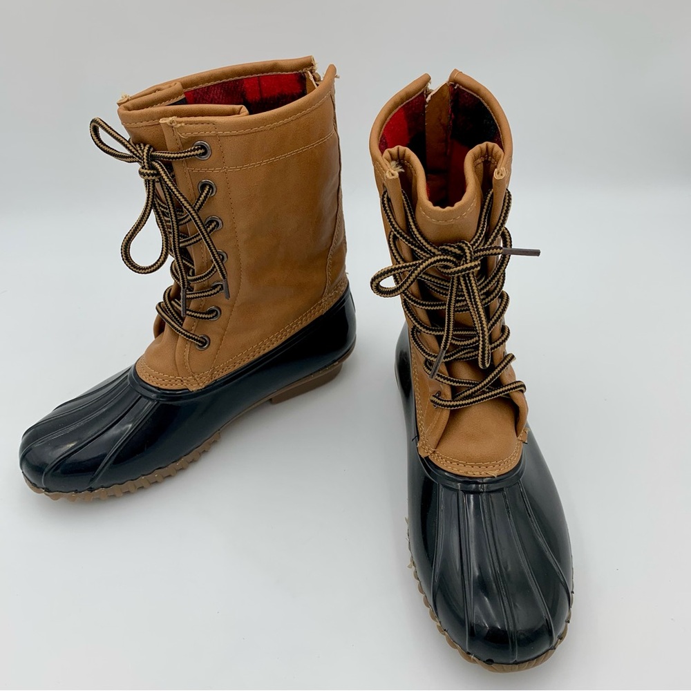 Madden Girl Flurry Duck Rain Boot Tan Black Women Sz 6.5 Fleece Plaid Lining EUC - Picture 2 of 14